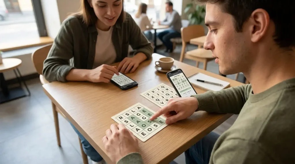 I recommend a true over-the-table perspective, where a person and a friend compare two different Word Hunt boards side by side. This makes the article's point immediately clear: some letter combinations offer more opportunities to find words than others. ## Revised feature image prompt Create a hyperrealistic, premium editorial lifestyle photograph for an article titled “Which Letters Make a Good Word Hunt Board?” **SCENE AND CONCEPT** Show two real young adults sitting across from each other at a light oak café table, comparing two Word Hunt letter grids on their smartphones. One person points toward a letter combination on a small printed puzzle card while the other studies their phone with a thoughtful, interested expression. The scene should capture a genuine moment of comparing puzzle boards and identifying which arrangement offers more opportunities to form words. Place two clearly visible 4×4 letter grids on separate cream-colored cards between them. The first grid contains a favorable mix of common letters, including R, S, L, A, E, and O, with a few adjacent letters subtly highlighted in sage green to suggest possible word paths. The second grid contains a more challenging combination featuring Z, X, J, Q, V, and K. Keep both grids logically arranged, with crisp uppercase lettering and consistent spacing. **CAMERA ANGLE** Photograph the scene from a high diagonal angle, approximately 55 degrees above the tabletop, positioned just behind one person's shoulder. Show both people's hands, portions of their natural facial profiles, both smartphones, and the two letter grids in a single coherent frame. The viewer should be able to compare the two boards immediately. Use the diagonal arrangement of the arms, phones, and puzzle cards to create visual movement. Keep the letter grids in the sharpest focus, with the people and café background retaining natural photographic detail. **REALISTIC HUMAN DETAILS** Authentic skin texture, natural hand positions, realistic fingers, believable casual clothing, relaxed body language, and genuine expressions of concentration. Avoid exaggerated excitement, posed stock-photo smiles, or unnatural gestures. **ENVIRONMENT** A sophisticated, welcoming café with a light oak table, warm neutral furnishings, soft daylight through a nearby window, and a gently blurred background. Keep the tabletop uncluttered so the letter combinations remain the central focus. **COLOR PALETTE** Warm ivory (#F5F5EB), soft sage green (#D9E1C6), fresh lime green (#A8D526), deep charcoal (#20231D), and natural wood tones. Use green accents sparingly to distinguish the more promising letter combinations. **LIGHTING AND PHOTOGRAPHY** Natural window light, realistic contact shadows, subtle smartphone reflections, accurate skin tones, physically believable materials, professional full-frame photography, and restrained depth of field. The final image must resemble a real commercial lifestyle photograph, not a digital illustration or artificial 3D render. **COMPOSITION** Wide 16:9 landscape format for a professional website feature image. Keep both grids visible and readable, with the two people framing the puzzle comparison naturally. Prioritize the visual contrast between the two letter arrangements over decorative details. **STRICT NEGATIVE PROMPT** No laptops, no floating letters, no holograms, no abstract geometric landscapes, no oversized dice, no cartoon styling, no exaggerated facial expressions, no distorted hands, no illegible grids, no fake interface overlays, no watermarks, and no logos. **FINAL OBJECTIVE** Create an instantly understandable, human-centered image showing two people comparing a favorable and an unfavorable Word Hunt board. The image should visually communicate that letter composition affects scoring potential, while maintaining a realistic, polished, professional aesthetic. ## Alt text two-people-comparing-word-hunt-letter-boards-common-vowels-rare-letters-scoring-potential-puzzle-strategy