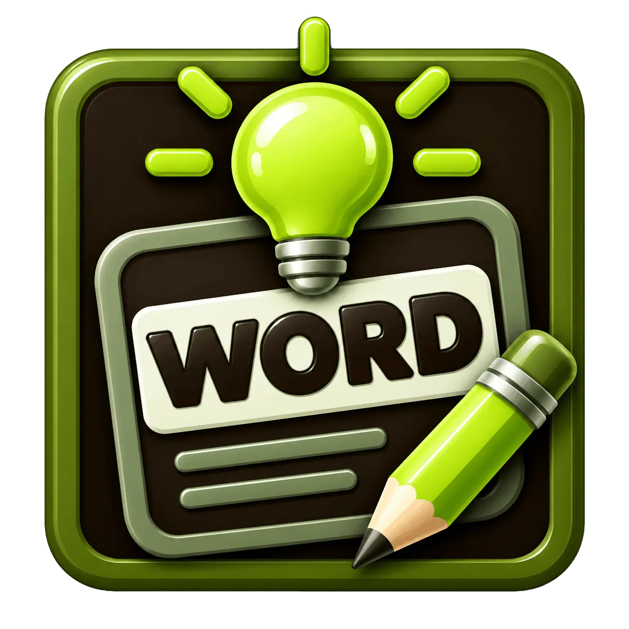 Glossy green icon of a lightbulb above a "WORD" card and pencil, ideal for representing writing, editing, or vocabulary concepts
